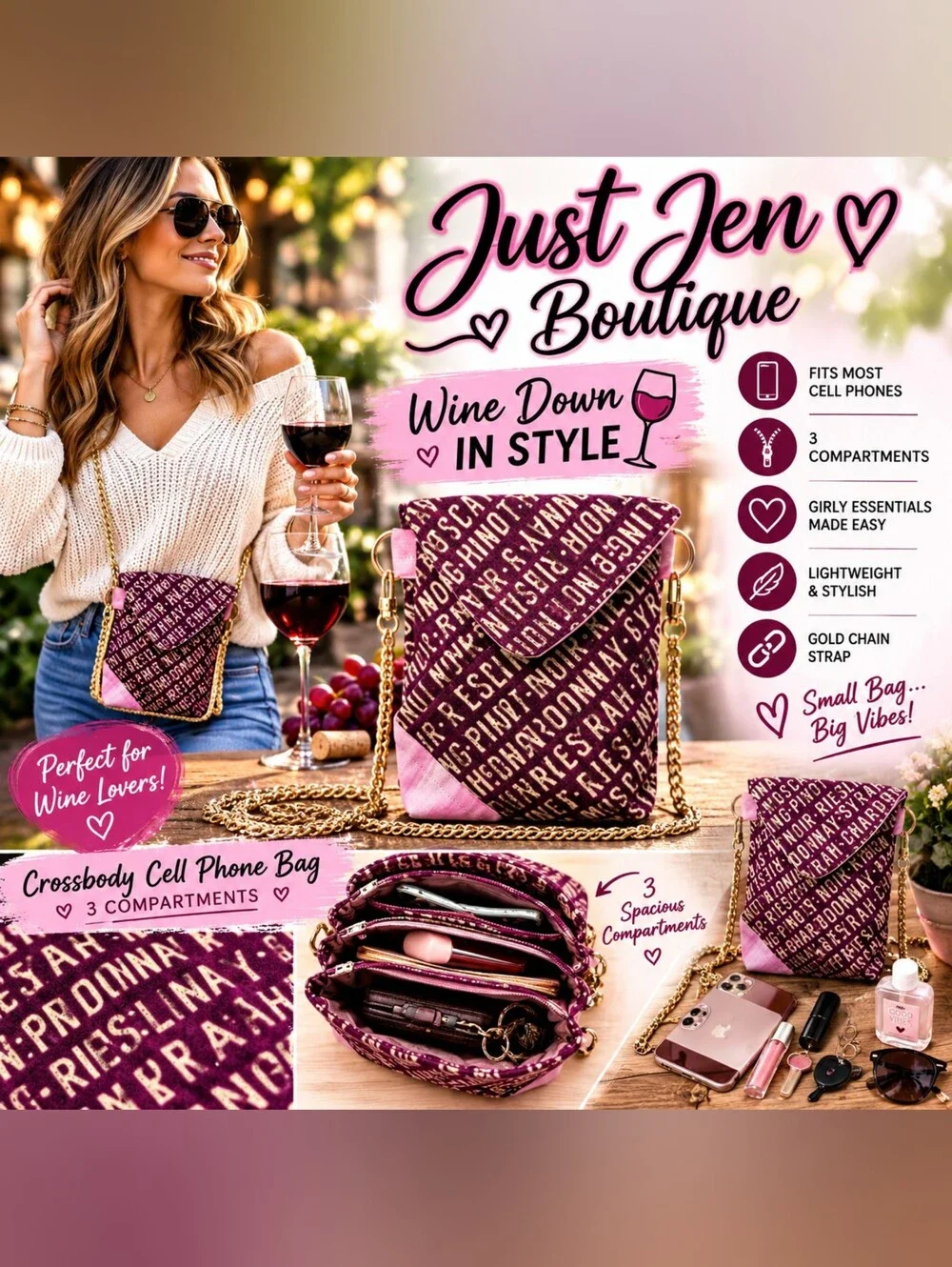 Wine Lover Crossbody Cell Phone Bag 3 Compartment Small Purse Gold Chain
